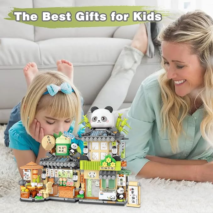 Panda Tea Shop Mini Street Scape Building Blocks, Panda Creative Building Toys for Girls 6-12, Gift Idea for Kids Adults (860PCS)