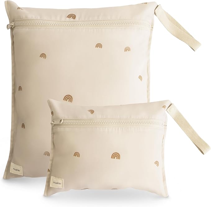 mushie Water Resistant Wet Bags | Large & Small Reusable Storage Bag for Baby Items and Travel | Zippered Pockets with Handle | Machine Washable, Set of 2 (Rainbows)