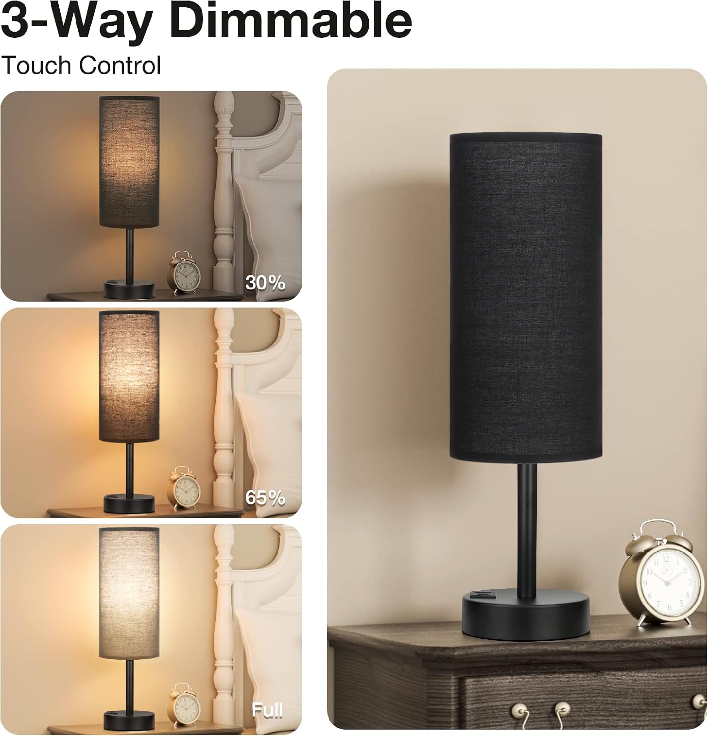 Black Touch Nightstand Lamps for Girl - Small Bedside Lamp with USB-C and USB Charging Ports, 3 Way Dimmable Control Table Lamp for Living Room Office, Dorm, Reading with Fabric Shade Black Base