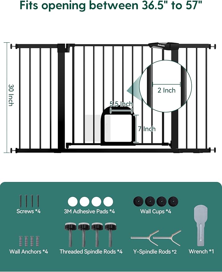 Babelio 36.5-57" Extra Wide Baby Gate with Cat Door,Auto Close&Two Way Swing,Pressure Mounted Dog Gates for Stairs,Doorways,Includes 4 Wall Cups and 3 Extension Pieces,Black