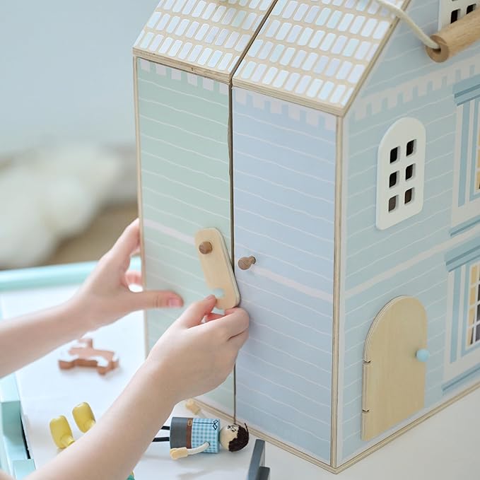 Olivia's Little World Folding Wooden Dollhouse – 3-Story Portable Playhouse with Furniture, Family Figures & Pet, Built-in Carry Handle, Compact Fold-Up Design Toy for Ages 3+