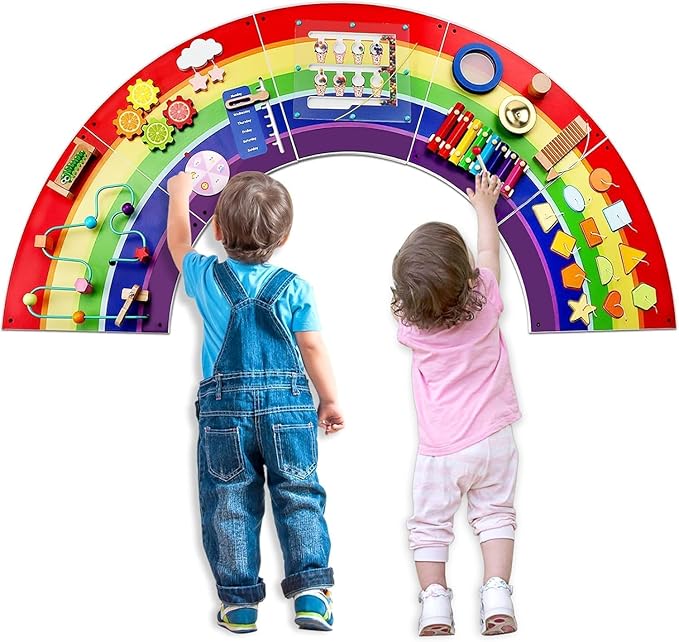 Activity Wall Busy Board for Toddlers: Montessori Sensory Toys- Sensory Wall Panel for Kids Playroom Daycare Learning Center Rainbow