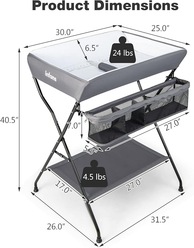 INFANS Baby Changing Table, Folding Diaper Station Portable Nursery Organizer with Safety Belt and Large Storage Racks for Newborn Baby and Infant (Grey)