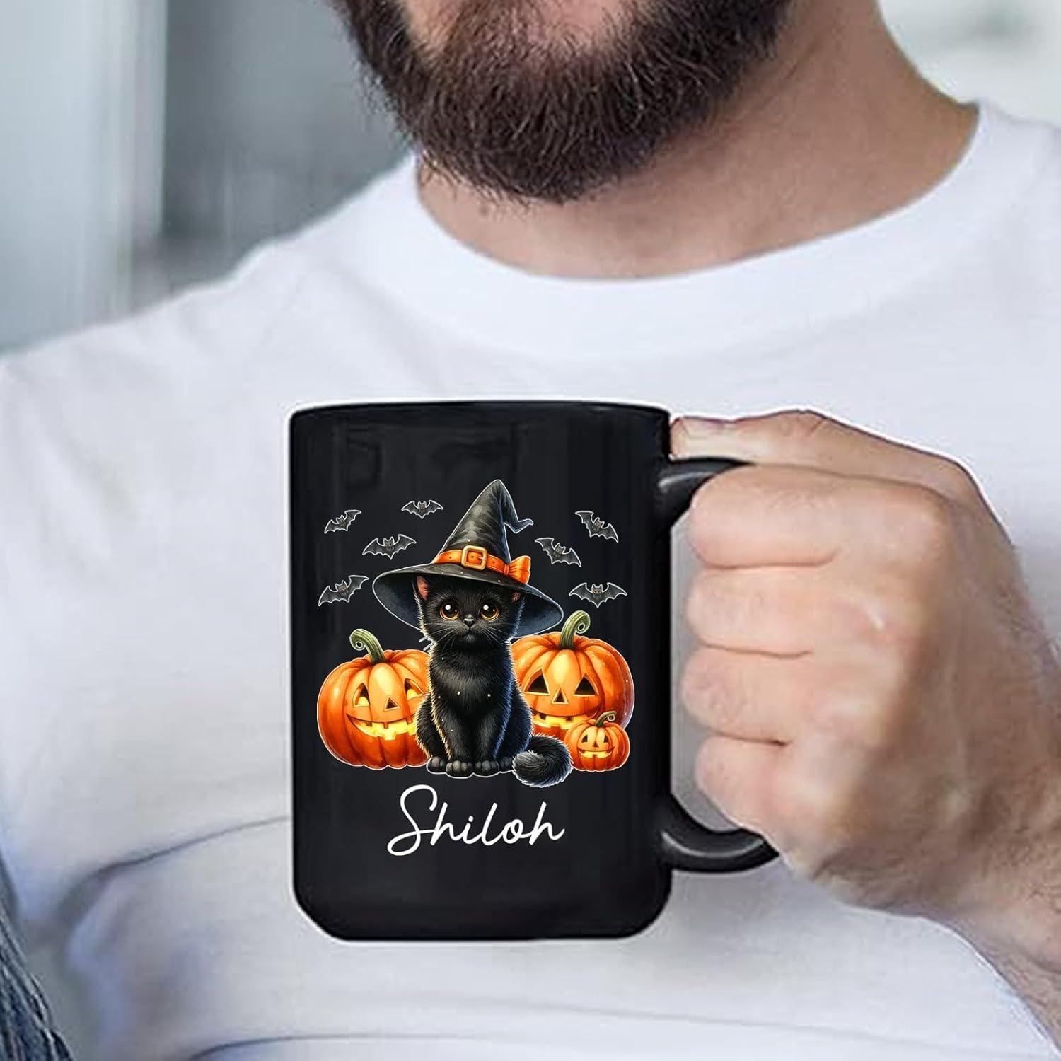 Personalized Black Cat Witch Ceramic Cups Gift for Halloween, Custom Name Black Cat with Pumpkins Coffee Mugs, Spooky Witch Pumpkins Cup, Pet Halloween Mug 11oz 15oz, Pet Enthusiasts Gifts