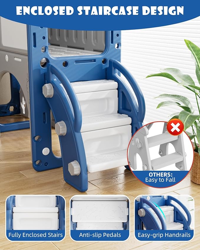 YUFU 12 in 1 Kids Slide for Toddlers, Toddler Slide Playset with Golf, Drawing Board, Climber, Basketball Hoop and Storage Space, Indoor Outdoor Toddler Playground for Kids Age 1-3 (Blue)