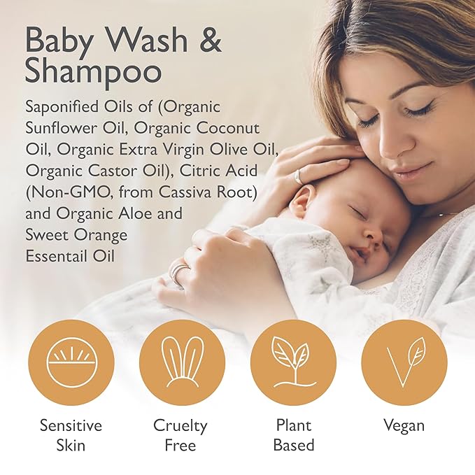 SoCal Suds & Company Baby Shampoo & Body Wash, 2-in-1 Organic Gel-Gentle Castile Soap with Vitamin-Infused Oils & Botanicals - Natural Care for Sensitive Skin Hypoallergenic - 12oz Sweet Orange 2-Pack