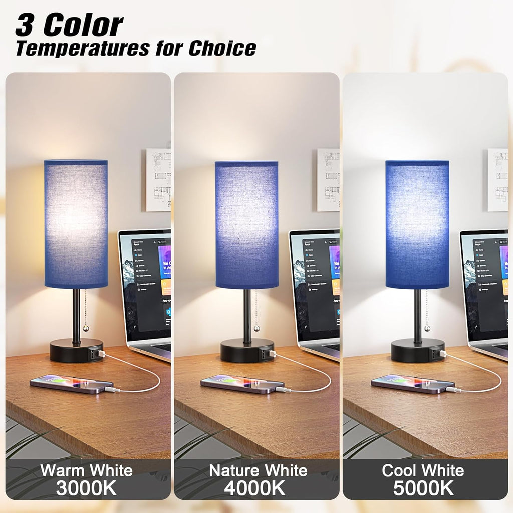 Blue Table Bedside Lamp for Bedroom Nightstand - Small Lamp with USB A + C Charging Port, 3 Color Temperatures Pull Chain Night Stand Light with Bulb, Side Table Desk Reading Lamp for Living Room