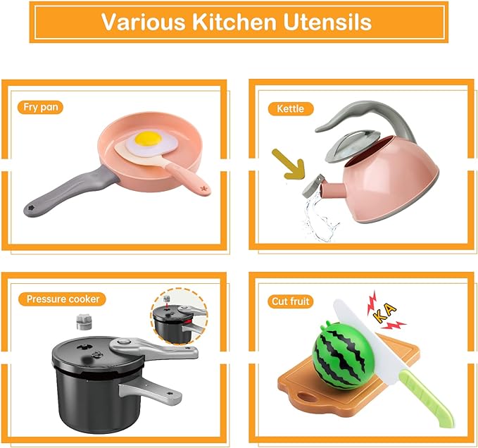 130Pcs Kitchen Playset, Toddler Pretend Cooking Play Pots, Pans, Utensils Cookware, Daily Food Fruit Veges, Shopping Storage Basket, Dessert, Prop Money, Learning Gift for Child (Pink)