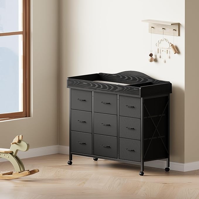 Baby Changing Table with 9 Fabric Drawers, Waterproof Diaper Changing Station & Pad, Mobile Nursery Diaper Changing Table, Baby Furniture, Bedroom, Black