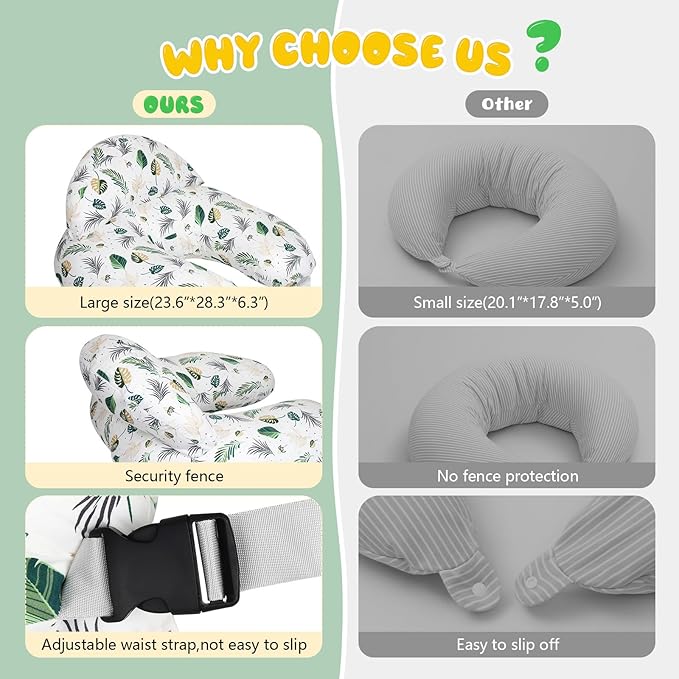 Nursing Pillow for Breastfeeding, Breastfeeding Essentials for Newborn, More Support for Mom and Baby, with Adjustable Waist Strap and Removable Cotton Cover (Green Leaves)