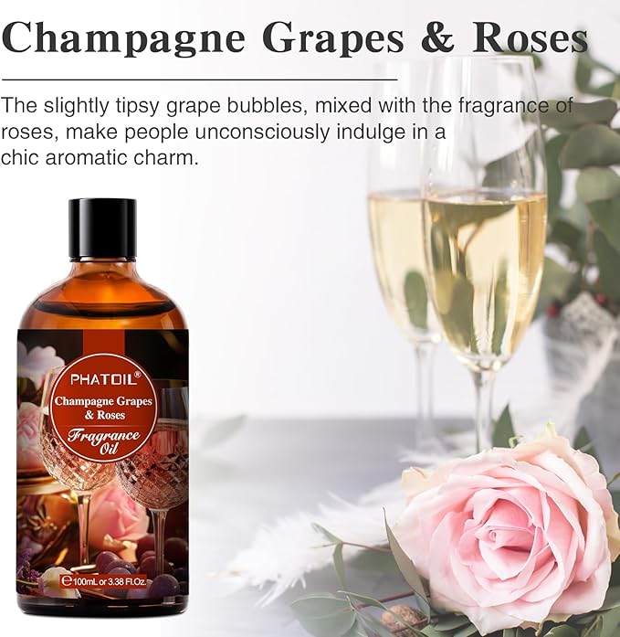 PHATOIL 3.38FL.OZ Champagne Grapes Roses Fragrance Oils for Aromatherapy, Essential Oils for Diffusers for Home, Perfect for Diffuser, Yoga, Skin Care, DIY Candle and Soap Making - 100ml