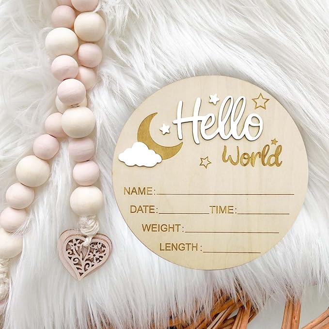 Baby Announcement Sign, 5.9 Inch Wooden Hello World Newborn Signs, Birth Announcement Sign and Pen, Moon and White Cloud Decoration, Welcome Newborn Arrival to World, Hospital Nursery for baby (White)