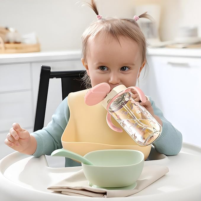 Evorie Tritan Spill Proof Toddler Straw Sippy Cup, 10 oz for Baby and Toddlers 1-3 Years Old, No Spill Straw Water Bottle with Removable Handles, Ideal for School, BPA-Free, Pink Rabbit