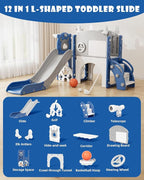 YUFU 12 in 1 Kids Slide for Toddlers, Toddler Slide Playset with Golf, Drawing Board, Climber, Basketball Hoop and Storage Space, Indoor Outdoor Toddler Playground for Kids Age 1-3 (Blue)