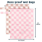 Tiny Twinkle Mess-Proof Waterproof Wet Dry Bag | 2-Pack Reusable Wet Bags for Swimsuits & Baby Clothes | Leakproof Wet Bag for Travel & Diaper Changes for Baby (Pink, Brown Checkers)