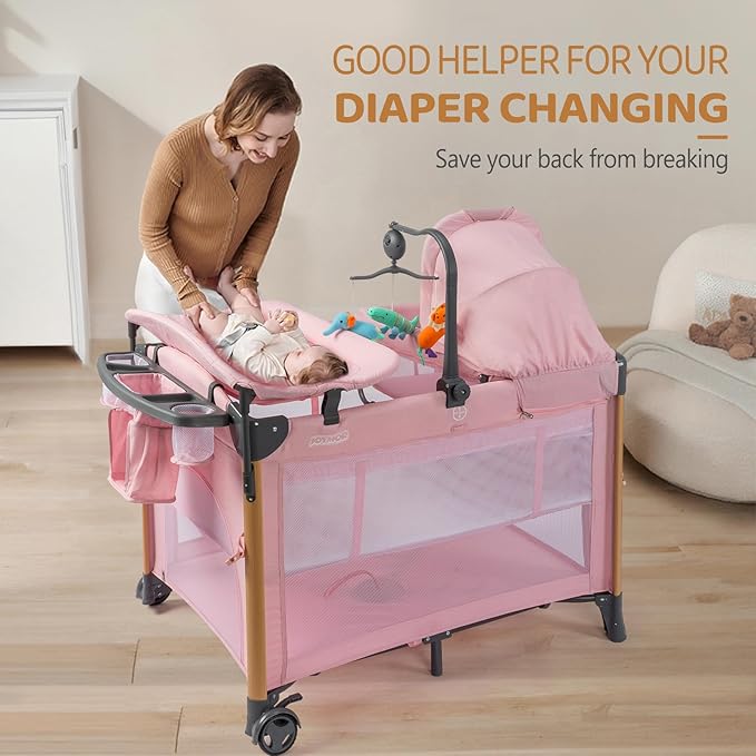 JOYMOR 7 in 1 Bedside Bassinet with Changing Table, Baby Girl Bassinet, Pink Bedside Sleeper with Mattress, Sheet, Canopy, Storage Shelf