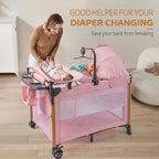 JOYMOR 7 in 1 Bedside Bassinet with Changing Table, Baby Girl Bassinet, Pink Bedside Sleeper with Mattress, Sheet, Canopy, Storage Shelf