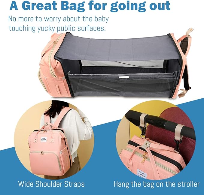 Diaper Bag Backpack with Changing Station, Nappy Baby Bags with Portable Changing Pad, 900D Waterproof Multi-Function Travel Portable Mommy Bag, Pink