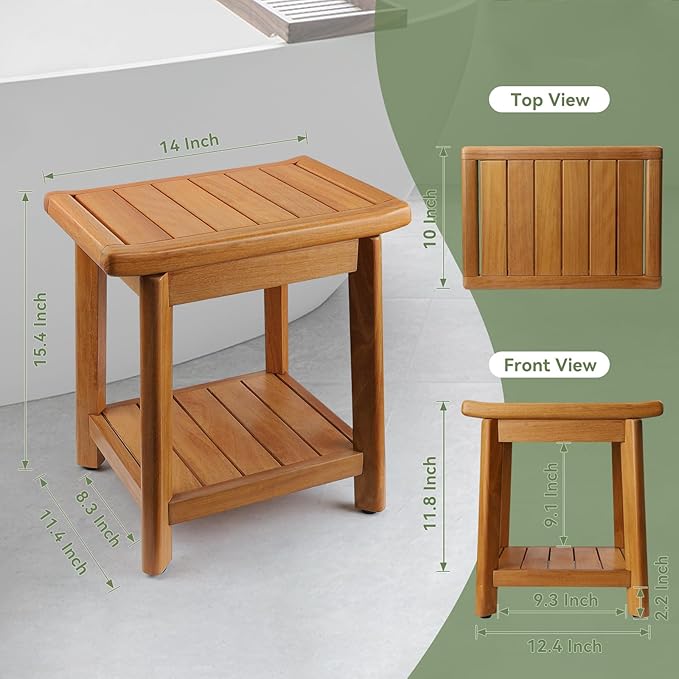 Teak Shower Bench-Solid Teak Wood Shower Chair with Storage Shelf, Stable Non-Slip Bathroom Stool for Elderly & Recovery, Heavy Duty Shower Seat for Inside Shower & Tub Safety 14 inch
