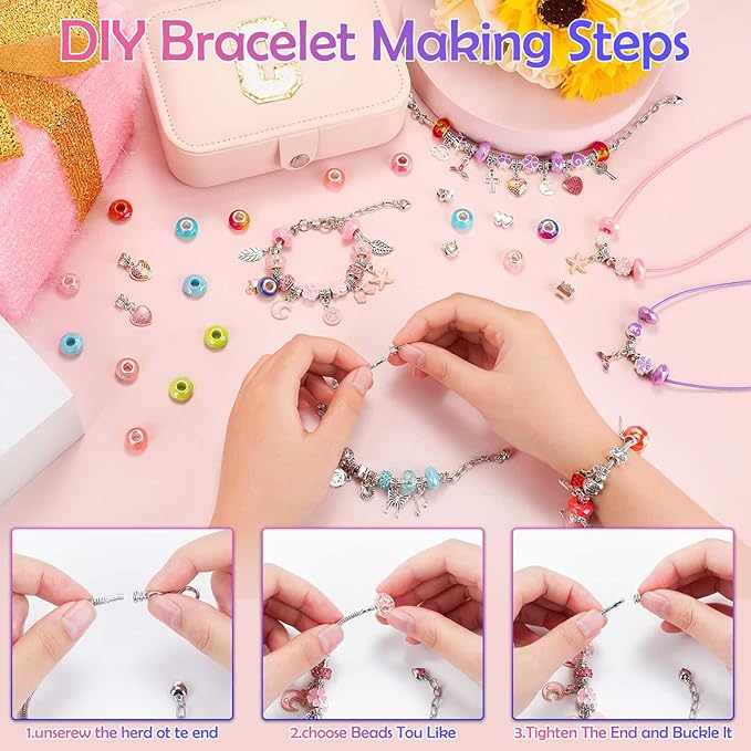140 PCS Charm Bracelet Making Kit for Girls Age 8-12 Charm Beads for Kids Jewelry Making DIY Bracelet Craft Kit for Girls Valentine Christmas Birthday Gifts with Portable Bracelet Box