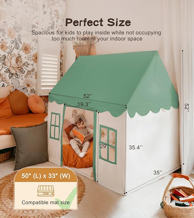 Play Tent with Mat, Star Light Large Kids Playhouse with Windows Easy to Wash, Indoor and Outdoor Play Tents for Kids, Little Dove Toys for Girls, Boys, 47x40x52 (Green Playhouse, Large Size)