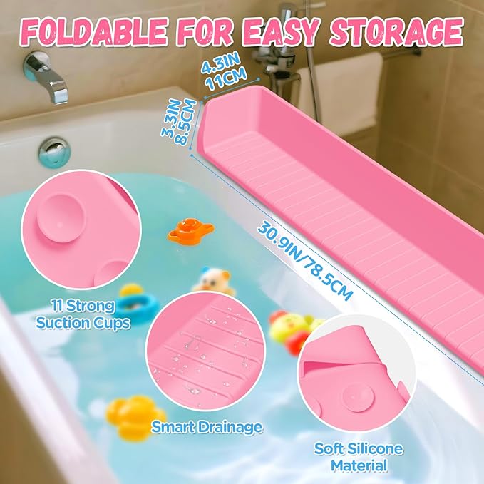 Splash Guard for Bathtub Kids - Silicone Bathtub Splash Guard with 11 Suction Cups, Bath Tub Play Shelf for Kids & Toy Holder, Prevent Water Spill in Bathroom, Fun Bath Time for Toddlers Baby, Pink