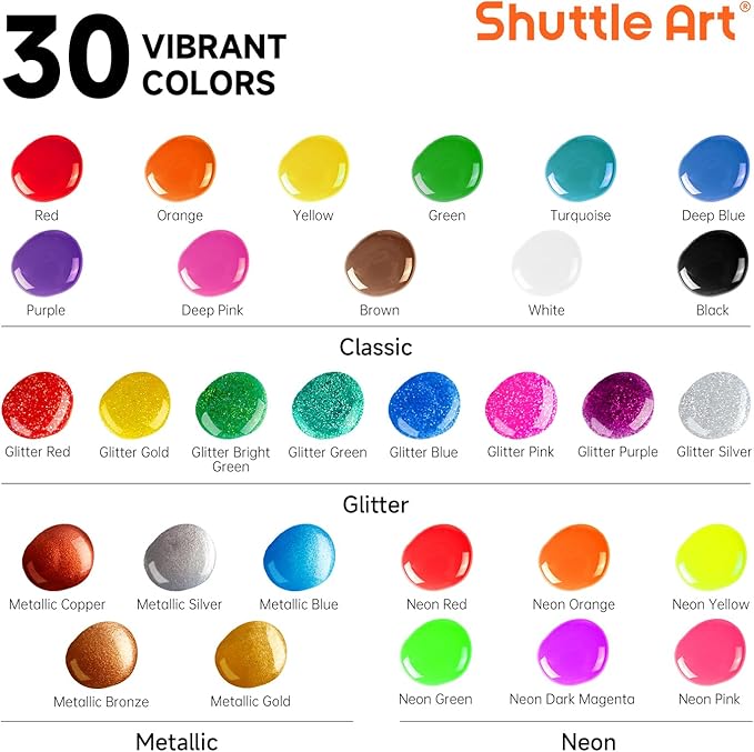 Shuttle Art Tempera Paint, 30 Colors Washable Paint for Kids, 2oz/60ml Bottle, Non-toxic for Toddlers with Glitter Metallic Neon Colors, For Art, Crafts and School Projects