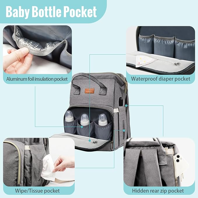 Diaper Bag with Changing Station, Baby Diaper Bag with USB Charging Port, Multi-functional Waterproof Travel Essentials Diaper Bag Backpack for Boys & Girls, Gray