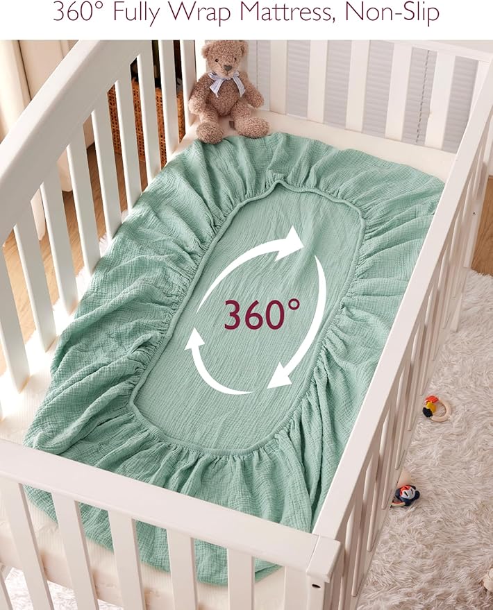 Momcozy Muslin Mini Crib Sheets Fitted - 38''x26'' Pack and Play Sheets for Pack N Play Mattress, 2 Pack Soft & Breathable Natural Cotton Non Slip Bed Cover for Boys, Girls, Grey Green