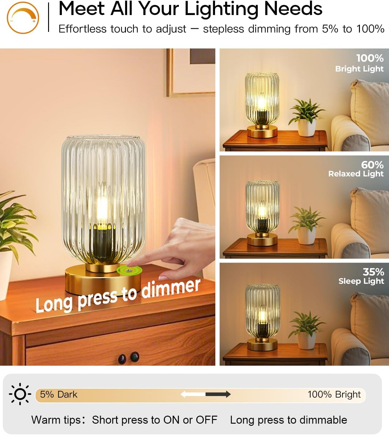 Touch Table Lamp for Nightstand - Small Bedside Lamps for Night Stands Bedroom Living Room, Dimmable Rechargeable Desk Lamp Battery Operated with Clear Glass Shade, Bulb Included