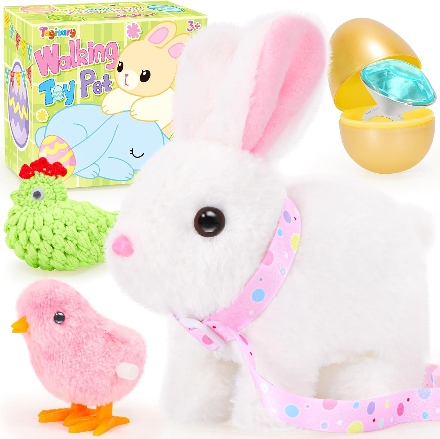 Tagitary Plush Toys Interactive Bunny for Kids That Wiggling Ears,Hopping,Twitching Nose with Sounds,Realistic Rabbit Toy with Leash,Golden Egg,Wind Up Toys,Easter Birthday Gift for Toddlers