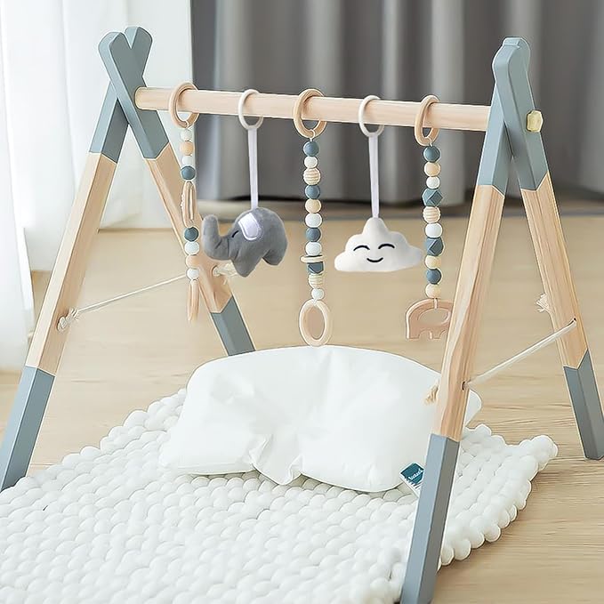 Wooden Foldable Baby Play Gym Frame Activity Hanging Bar With 5 Toys - Natural for Newborn (Grey)