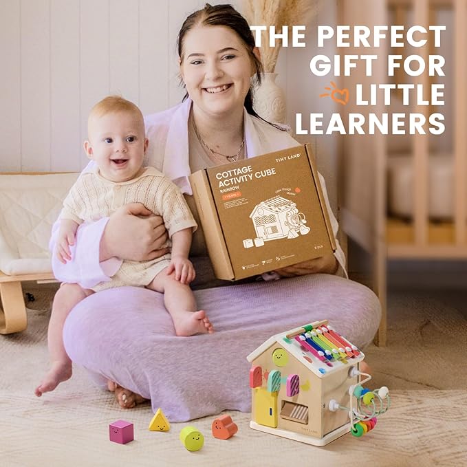 Tiny Land 9-in-1 Wooden Activity Cube, Montessori Baby Activity Center for 1+ Year Old, Educational Toy for Toddlers, Ideal Gift for Girls and Boys (Rainbow)