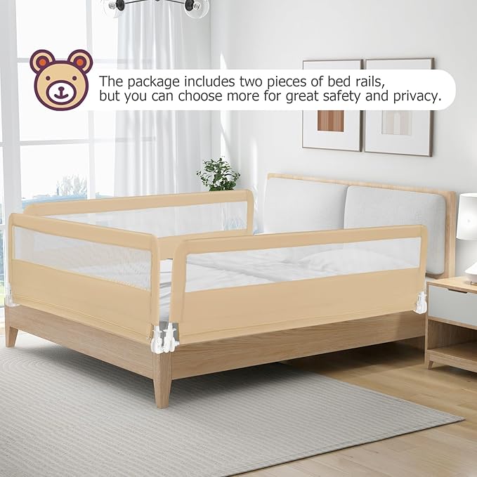 Costzon Bed Rail for Toddlers, 2 PCS Extra Long Swing Down Safety Bed Guards w/Straps for Convertible Crib, Kids Twin, Double, Full Size, Queen & King Bed, Folding Bed Rails for Baby (71-Inch, Beige)