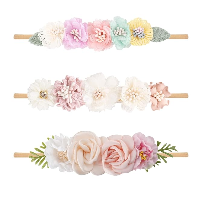 Baby Girl Nylon Headbands Flower Hair Bows Accessories-Elastic Hair Band Crown Handmade FLoral Wraps Birthday Gifts for Girls Newborn Infant Toddler 3Pcs