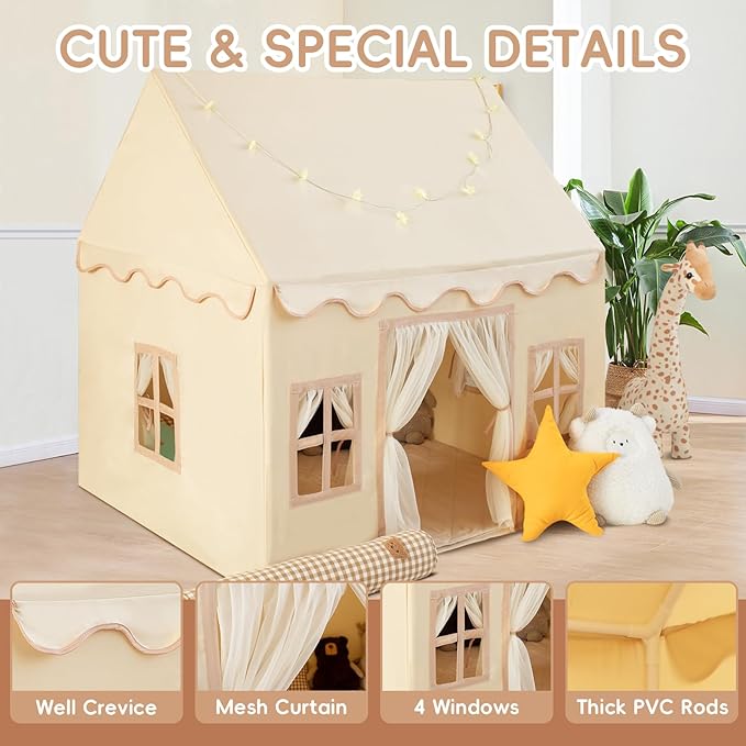Playhouse Play Tent for Kids-Portable with Padded Mat, Star Lights, Carry Bag, Play Tent Indoor & Outdoor, Washable Kids Play House for Toddler
