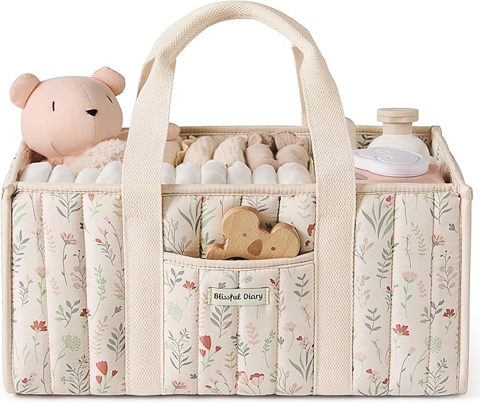 Blissful Diary Floral Diaper Caddy Organizer, Stylish Nursery Storage Basket, Gift for Baby Shower, Newborn Essentials, Floral Beige