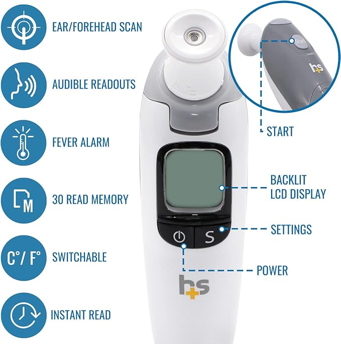 HealthSmart Talking Infrared Ear & Forehead Thermometer, No Probe Covers Needed, FSA & HSA Eligible, Visual Fever Alarm, Audio Readings in English & Spanish, Instant Scan (Pack of 100)
