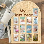 ORIGACH My First Year Baby Growth Photo Display Wood Board - 12 Months Newborn Milestones Photo Board - Neutral Baby Keepsake Board 1st Birthday Party Nursery Decor New Mom Gift - Space