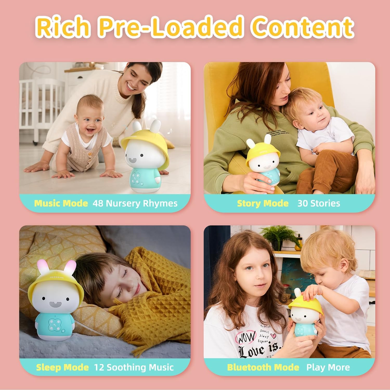 alilo Bunny Kids Music Player, Storytelling Toys for Toddler 1-3-5,Infant Baby Boy Girl Gifts Pre-Loaded 30 Stories/48 Nursery Rhymes/12 Soothing Music,with Nightlight,Bluetooth,Record Function