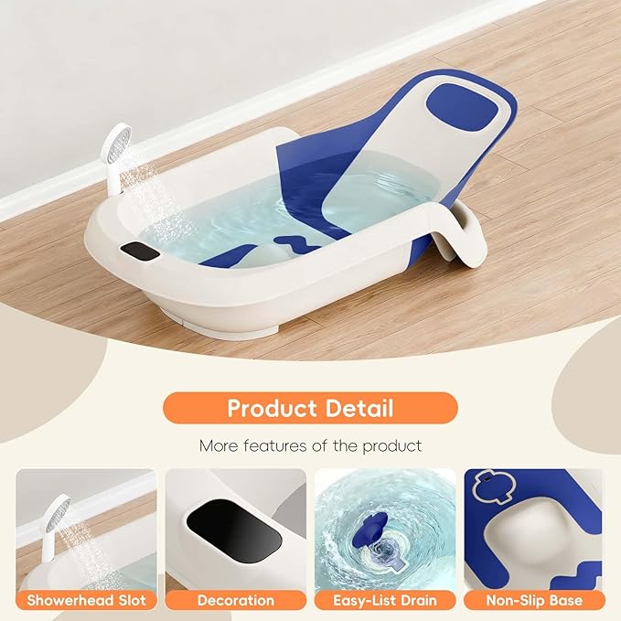 Baby Bathtub for Newborn to Toddler, Reclining Newborn Bathtub, Adjustable Baby Tub with Thermometer, Bath Kneeler Pad & Clean Rinse Cup, 0-36 Months (Blue)