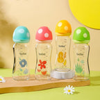 YOHKOH Natural Glass Baby Bottle with Natural Response Nipple, Newborn Anti-Colic Baby Bottles, Wide Neck Mushroom Cap Baby Bottle, Clear (8.8oz (Pack of 4), Multicolour)