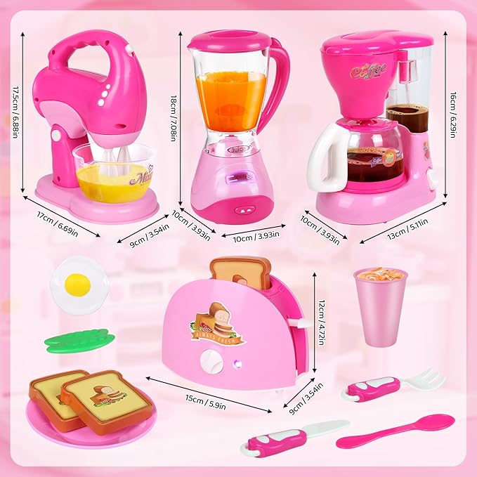 Coherny Play Kitchen Sets for Kids Ages 4-8, Kids Kitchen Playset with Realistic Coffee Maker Machine, Toaster, Mixer and Blender, Pretend Play Toys with Light & Sound for Toddles Girls Boys Gifts