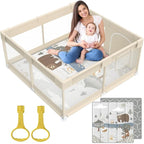 Fodoss Baby Playpen with Mat, Small Baby Play Pen(47x47inch), Playpen for Babies and Toddler (47×47inch Beige with mat)