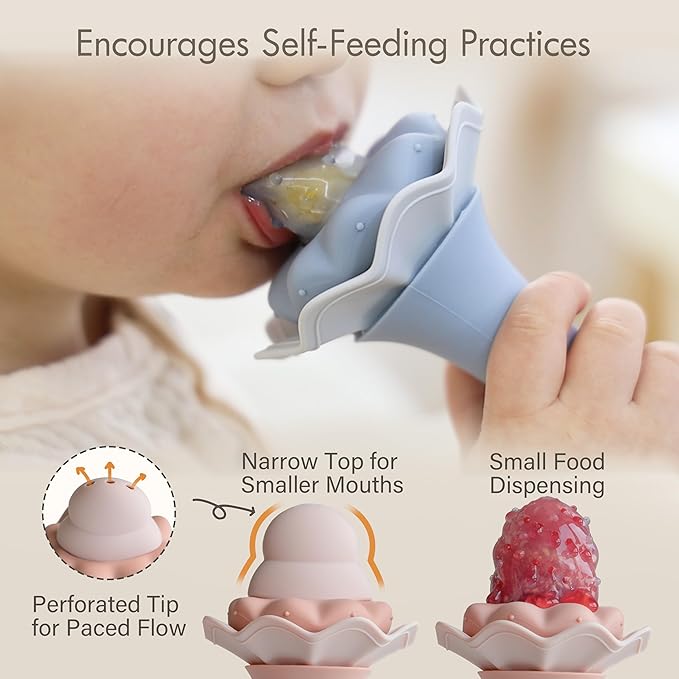 Moonkie Baby Fruit Feeder with Freezer Tray, BPA Free Silicone Food Feeder for Infant Self Feeding, Breastmilk Popsicle Molds, Mesh Feeder with Two Pouches, Baby Shower Gifts 4 Months+, 1 Pack