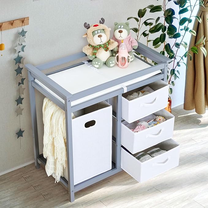 Wooden Baby Changing Table, Modern Diaper Changing Table, Infant Diaper Station Dresser with Laundry Hamper, 3 Drawer Basket- Storage Organizer for Baby Clothes, Diapers & Toys