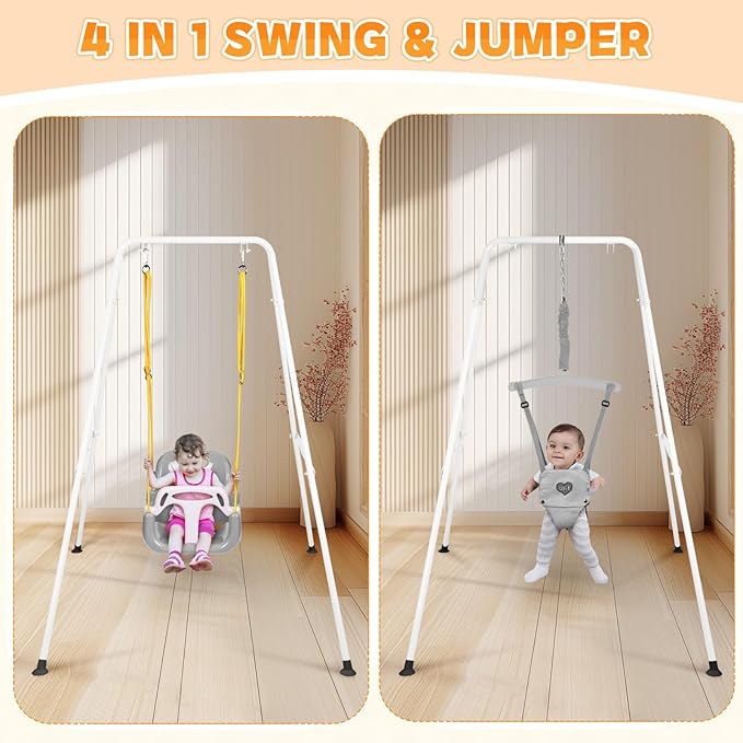 4-in-1 Toddler Swing Set & Baby Jumper and Bouncer for Toddlers, Foldable Baby Swing Stand for Outdoor Indoor Play, Easy to Assemble and Store for Ages 6 Months to 10 Years Old (White)