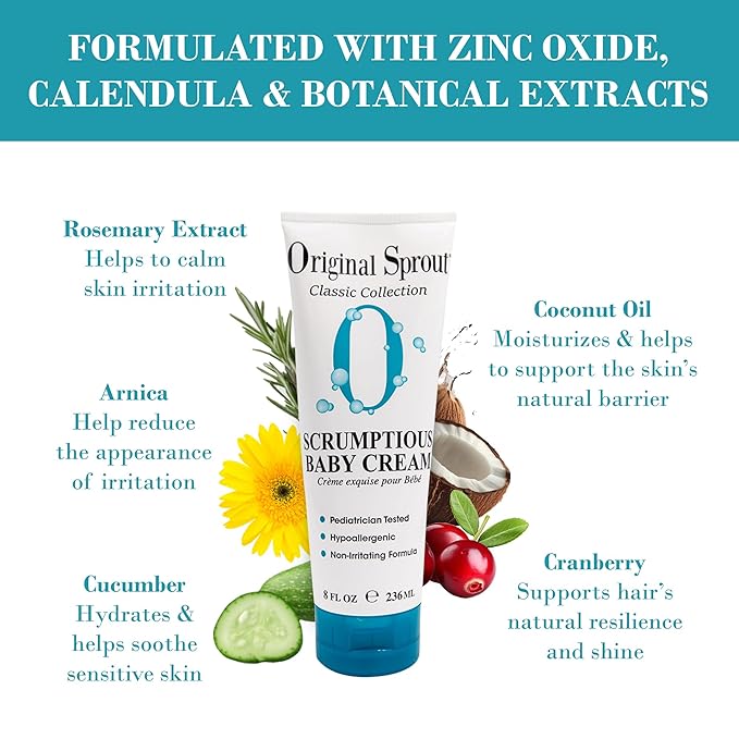 Original Sprout Scrumptious Baby Cream, Gentle Moisturizing Cream for Dry, Sensitive Skin & Diaper Rash, Non-Greasy Baby Lotion with Zinc Oxide & Calendula for Face & Body, 8 fl oz