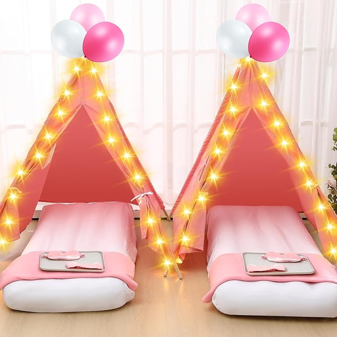 Windyun 6 Pack Kids Teepee Tent for Slumber Party Sleepover Tents for Girls Party with Air Mattress, Star Lights, Blankets Trays Sheets, Natural Cotton Toddler Play Teepee for Indoor Outdoor(Pink)