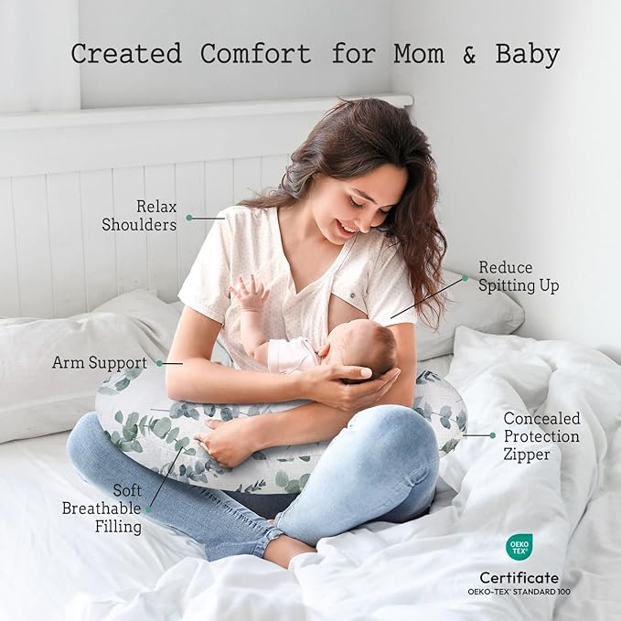 Little Grape Land Nursing Pillow, Soft 100% Cotton Breastfeeding Pillow with Breathable Muslin Removable Cover, Green Leaves Breast Feeding Pillows for Babies 0-12 Months with Protective Zipper